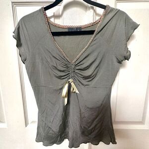 Join grey and white striped short sleeved gathered top